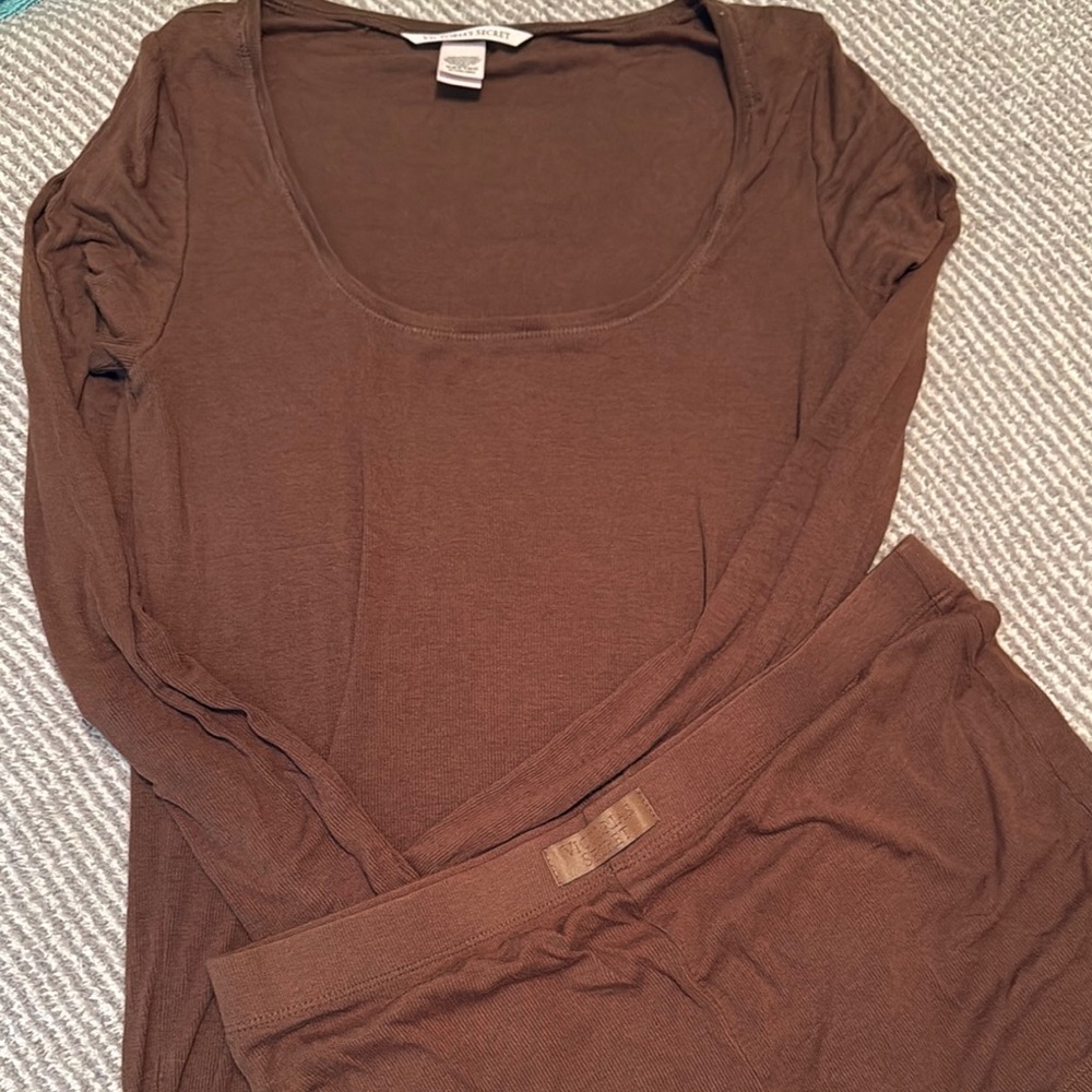 Victoria Secret Brown Long Sleeve Top and Pants Pajama Set (ultra soft)